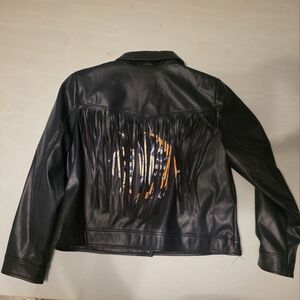Giuliana Black Label Faux Leather Fringe Jacket XL | Western Boho Hand Painted